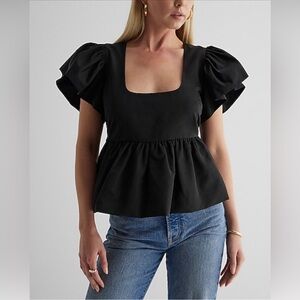 NWT Express Square Neck Flutter Sleeve Peplum Babydoll Top